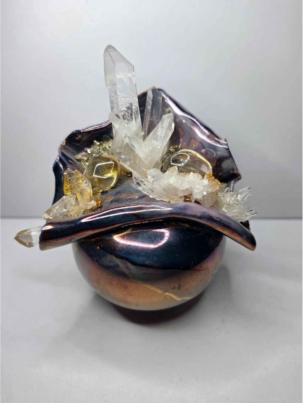 Artisan Crystal Sculpture Quartz Cluster Iridescent Pottery Art Piece